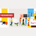 TSL Kirklees Energy Neighbours header image displaying the logos of TSL Kirklees and the National Lottery, with cartoon images showing tiny people taking part in energy-saving activities, such as using a draft excluder, or rechargeable batteries and energy-saving lightbulbs.