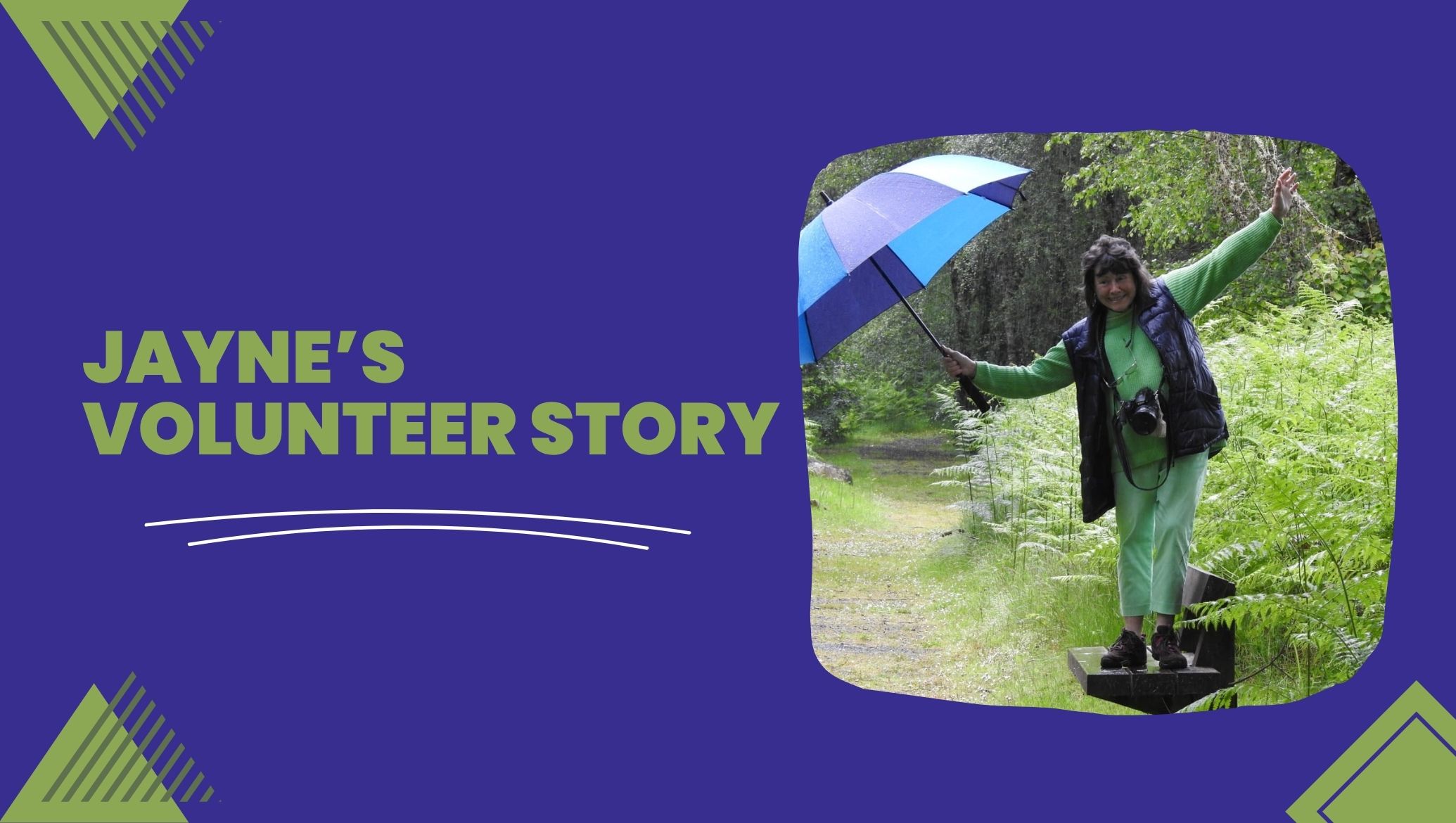 Jayne outdoors with camera and umbrella